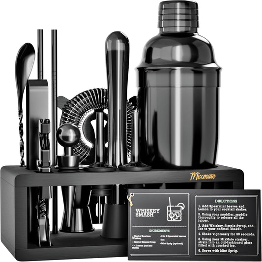 Black Stainless Steel Cocktail Shaker Set with Wood Stand - 15 Piece Bartender Kit with Drink Shaker, Bar Spoon, Jigger, Muddler, Strainer, Bottle Opener, Stopper, Pour Spout, Stirrers, Tongs, Recipes