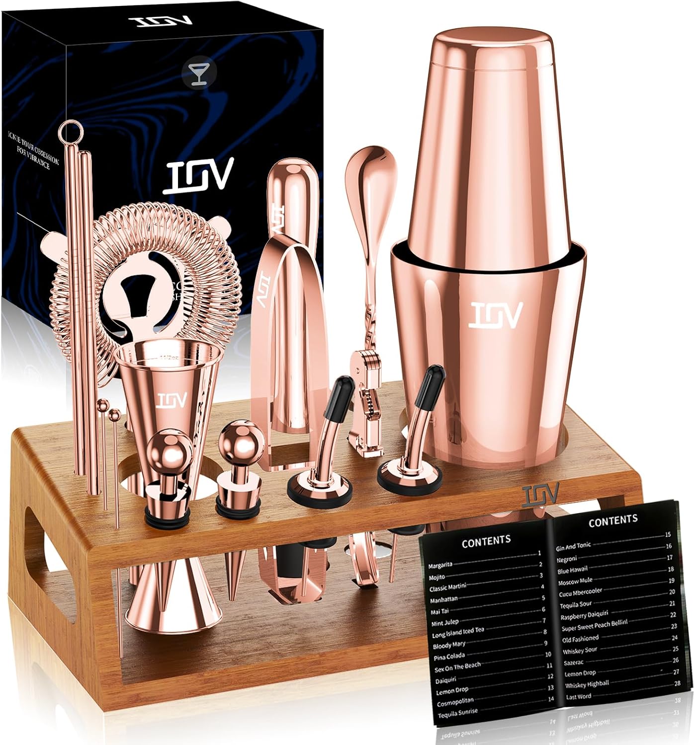 IOV Mixology Bartender Kit Bar Set with Stand | 17-Piece Cocktail Shaker Set | 28oz Boston Shaker Drink Mixer Set with All Essential Accessory Tools | Fun Housewarming Gift (Rose Gold)