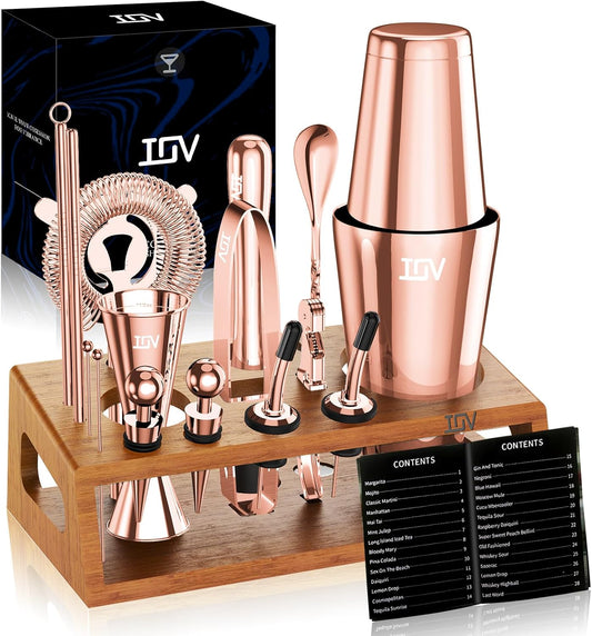 IOV Mixology Bartender Kit Bar Set with Stand | 17-Piece Cocktail Shaker Set | 28oz Boston Shaker Drink Mixer Set with All Essential Accessory Tools | Fun Housewarming Gift (Rose Gold)