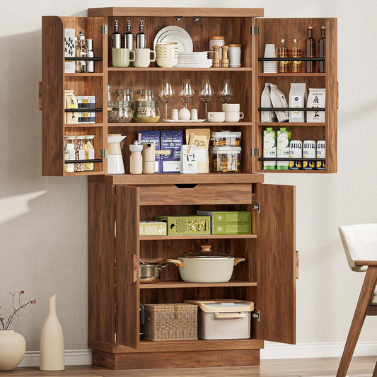 ONBRILL 71" Tall Kitchen Pantry Cabinet, Pantry Storage Cabinet with 6 Door Shelves, Hidden Drawer and Adjustable Shelf, Freestanding Rustic Wood Pantry for Kitchen, Dining Room (Vintage Brown)