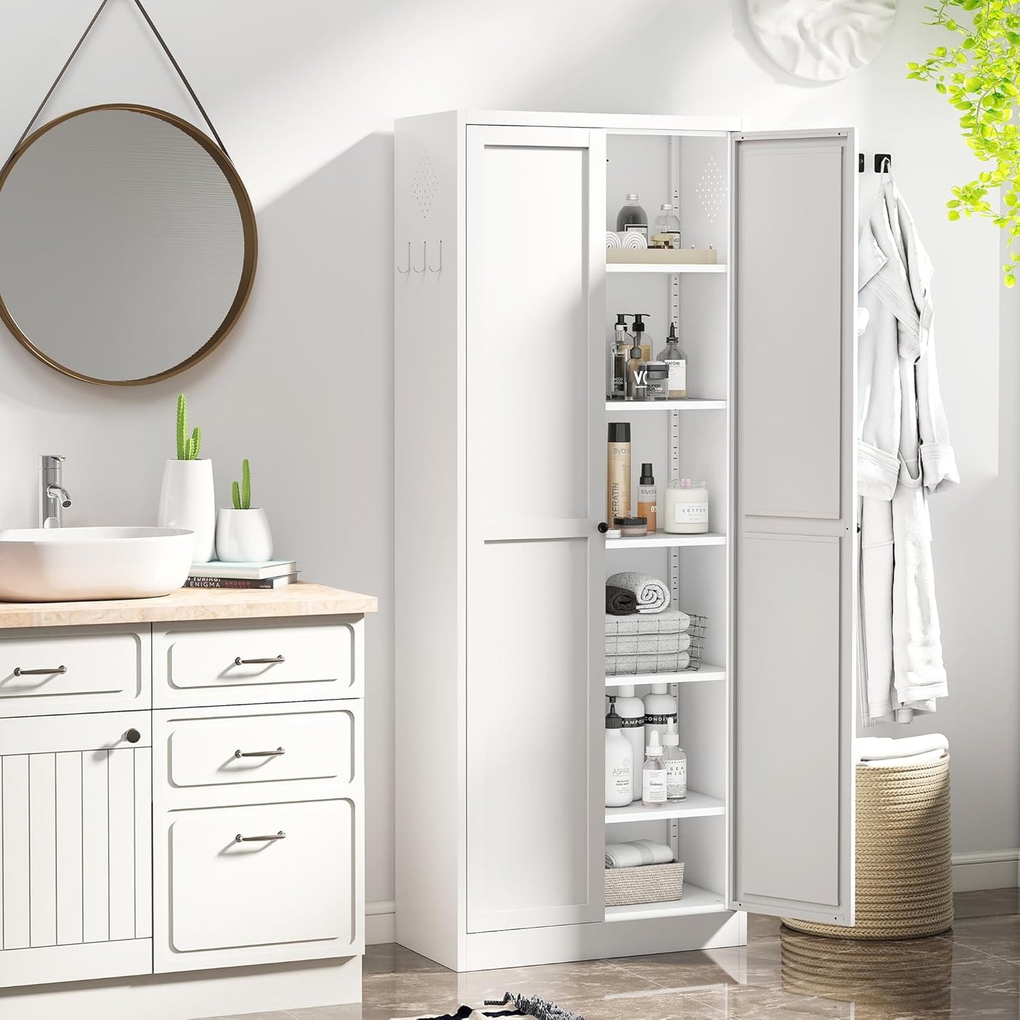 AQY Kitchen Pantry Cabinet,72" White Pantry Storage Cabinet with 5 Tier Adjustable Shelves and 2 Doors,Freestanding Cupboard,Metal Pantry Cabinets with Handle for Living Room Kitchen Assembly Required