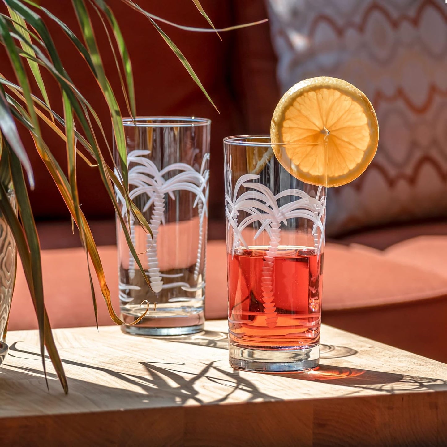 Rolf Glass Palm Tree Highball Glass 15 ounce | Set of 4 | Lead-Free Crystal Glass | Etched Drinking Cooler with Heavy Base | Made in the USA