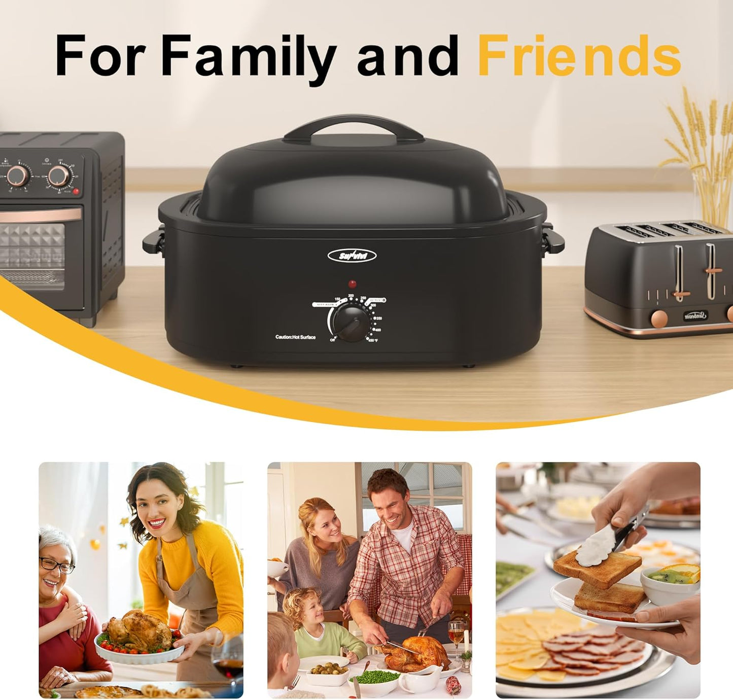 Sunvivi Roaster Oven, Electric Roaster Oven with Self-Basting Lid, 24lb 20-Quart Turkey Roaster with Unique Defrost/Warm Function, Large Roaster with Removable Pan & Rack, Stainless Steel, Black
