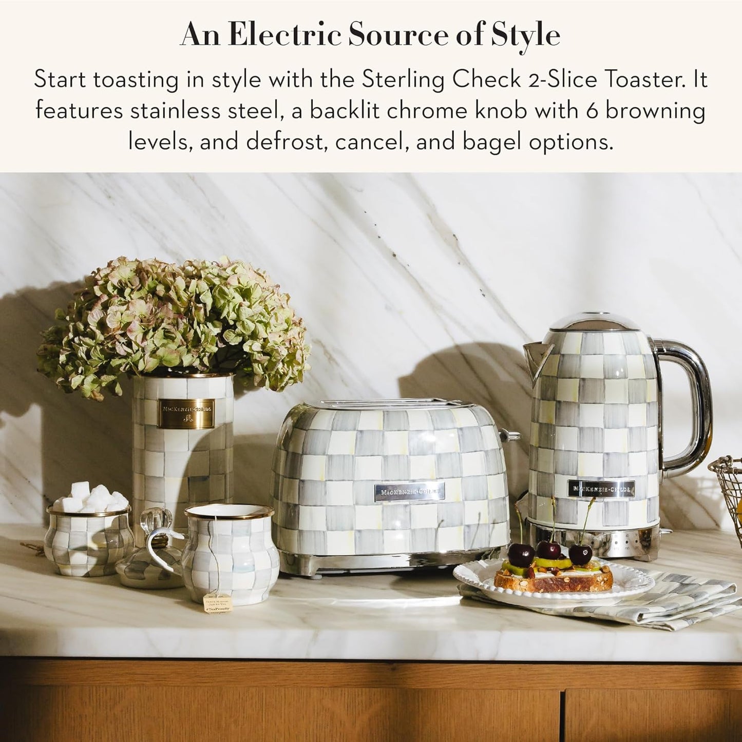 MACKENZIE-CHILDS 2-Slice Toaster, Decorative Toaster for Kitchen, Gray-and-White Sterling Check