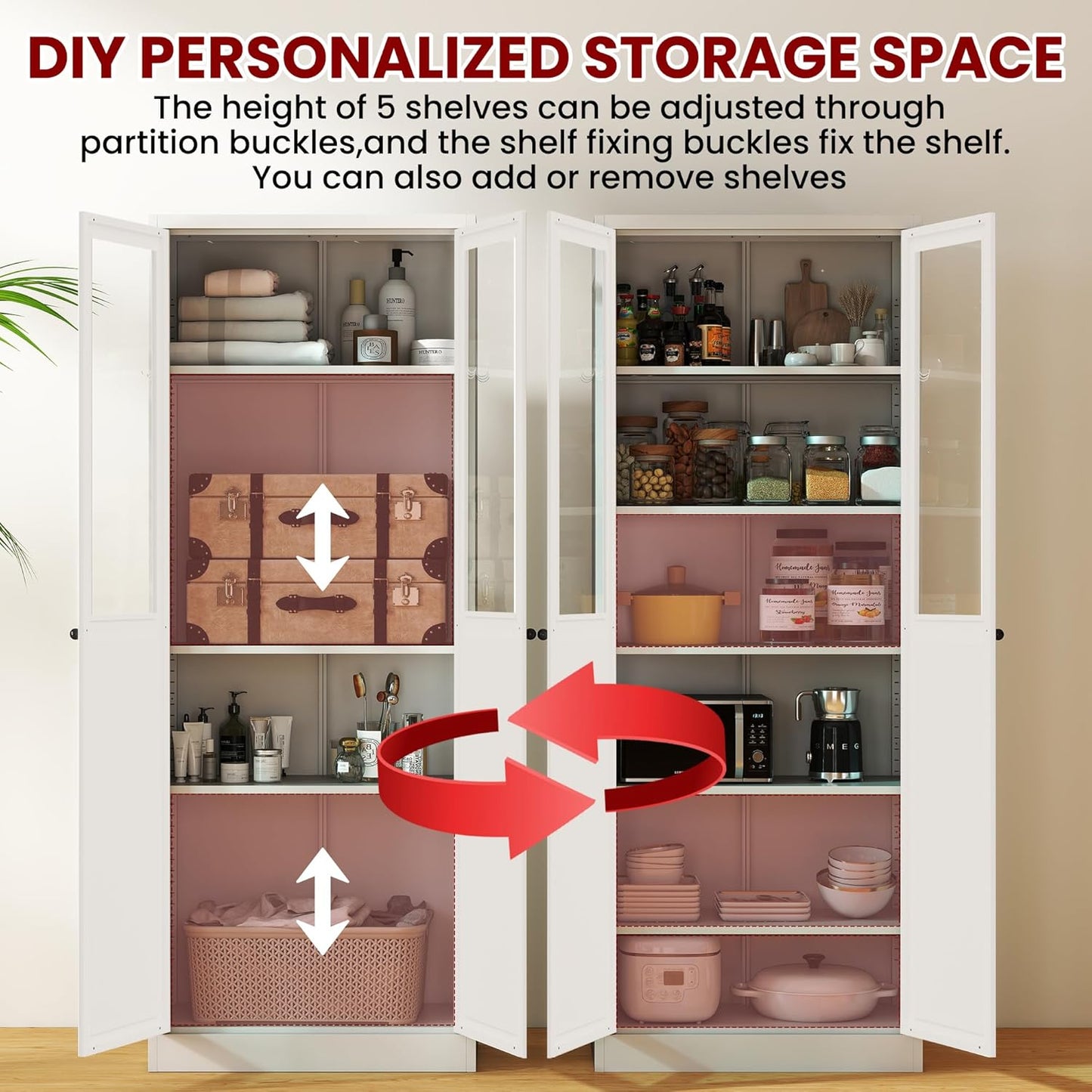 AQY Kitchen Pantry Cabinet,72" White Pantry Storage Cabinet with 5 Tire Adjustable Shelves and Glass Doors,Freestanding Cupboard,Metal Pantry Cabinets with Handle for Living Room,Assembly Required