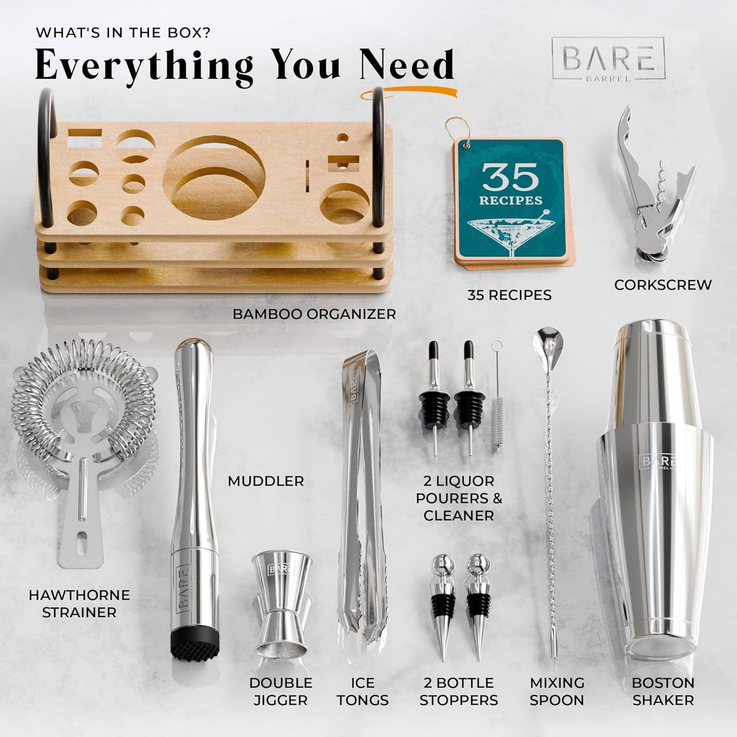BARE BARREL® Mixology Bartender Kit Bar Set | 14-Piece Cocktail Shaker Set | Martini Barware Mixing Tools for Home Bartending | 35 Recipe Cards | Gift Set (28oz Boston Shaker, Silver/Natural)