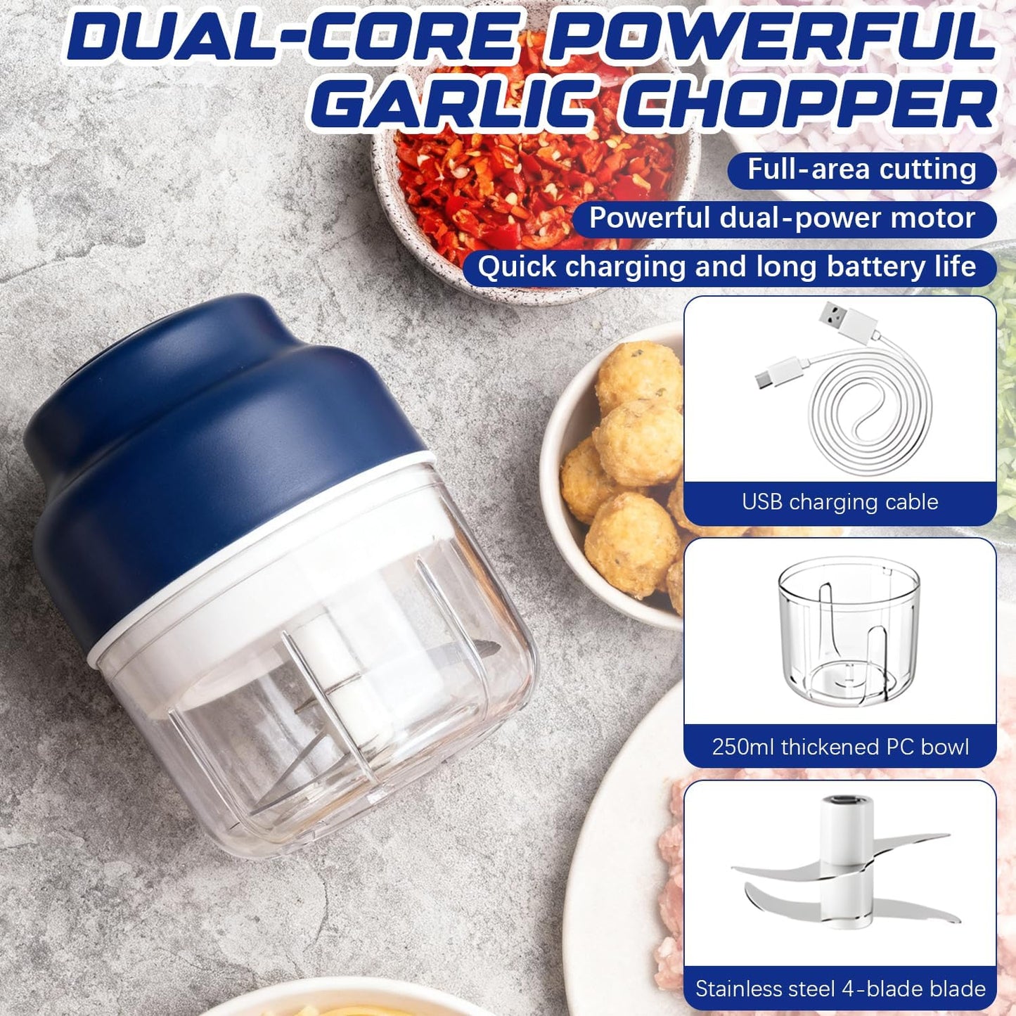 Electric mini garlic mincer set,2025 new small garlic mincer, electric food chopping tool, USB charging, wireless vegetable grinder, suitable for ginger, pepper, fruit(250ml)