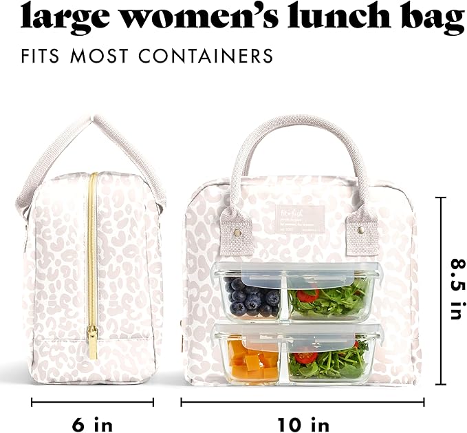 Fit & Fresh Lunch Bag For Women, Insulated Womens Lunch Bag For Work, Leakproof & Stain-Resistant Large Lunch Box For Women With Containers, Zipper Closure Bloomington Lunch Bag, Feline Fine Ivory