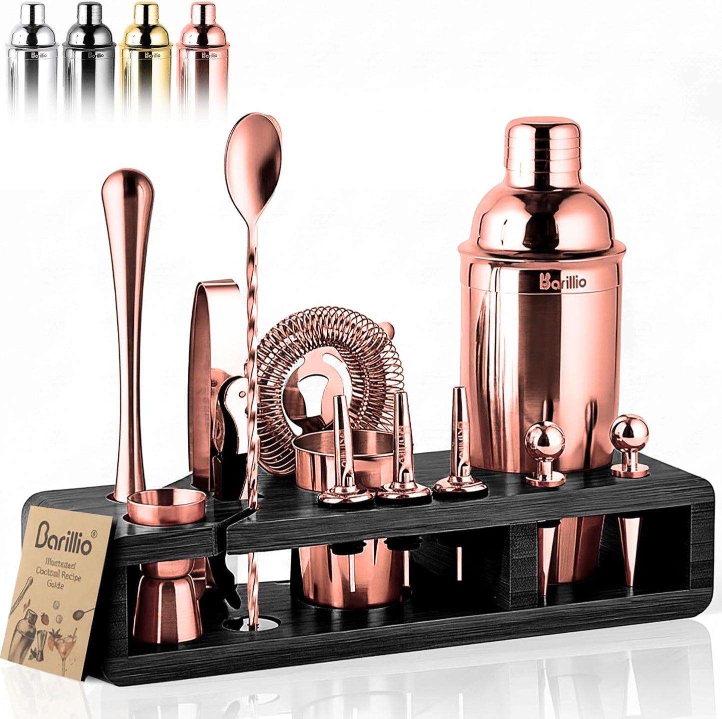 Barillio Rose Gold Bartender Kit - Stainless-Steel Cocktail Shaker Set w/Black Bamboo Stand - Mixology Bar Tools w/Drink Shaker, Mixer, Muddler for Cocktails - Home Bar Accessories - 23-Pc Bar Set