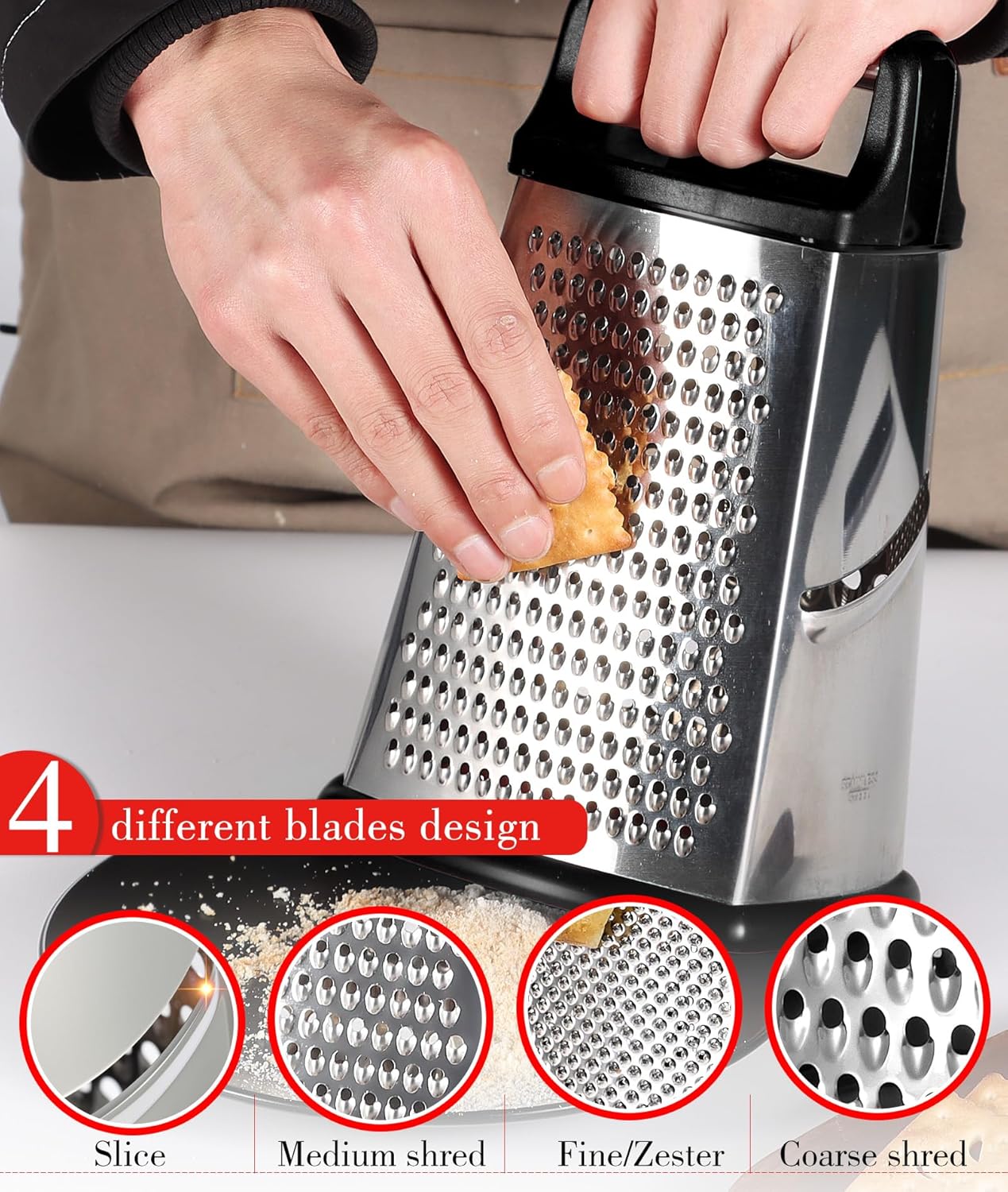 Ourokhome Cheese Grater with Handle, Stainless Steel Box Grater, 4 Side Kitchen Vegetable Shredder Slicer Zester with Container for Parmesan, Cabbage, Ginger, Lemon, Chocolate, Coconut (Black)