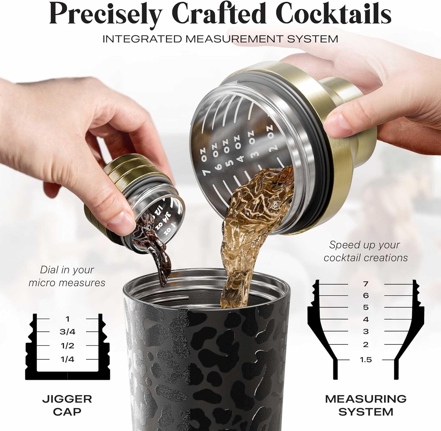 Insulated Cocktail Shaker Set | Double Wall Stainless Steel | Martini Shaker for Home Bar Bartending | Built-in Drink Measurement System & Strainer, Travel Bag, 35 Recipes | Gift Set (Leopard Gold)