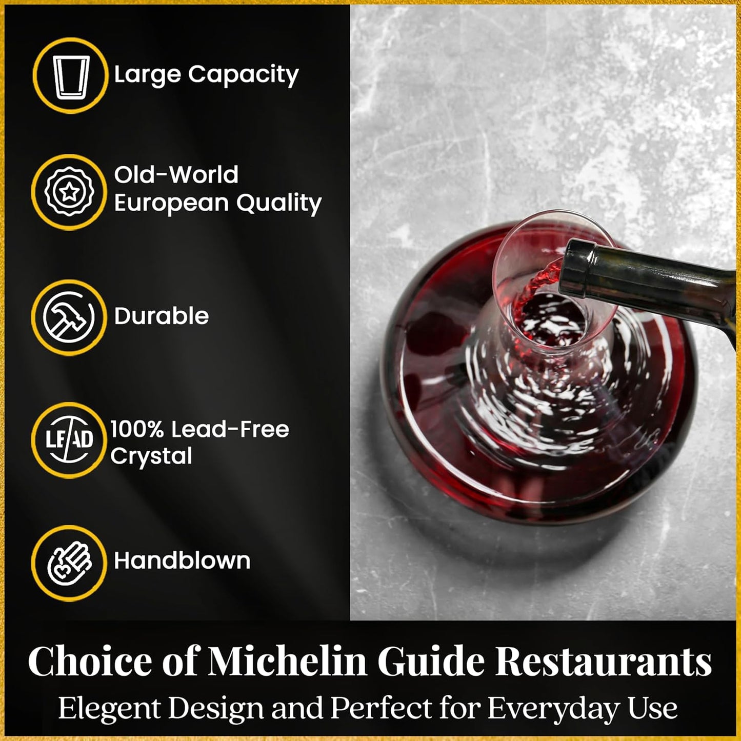 Large Wine Decanter | Hand-Crafted in Europe | 66 FL Oz | Crystal Ground Stopper | Wide Base for Optimal Aeration | 100% Lead-Free Crystal | Handblown | Gift-Boxed | Elegant Design