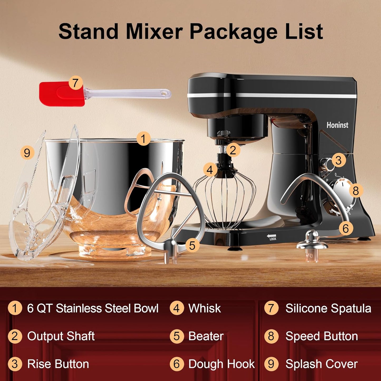 Stand Mixer, 10-Speed Kitchen Electric Mixer, 6QT Food Mixer with 8-in-1 Splash Guard, Dishwasher-Safe Dough Hook/Whisk/Beater/Spatula, Dough Mixers for Baking, Black