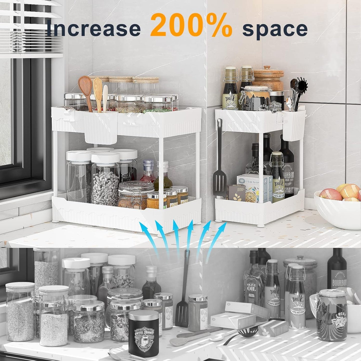 2 Pack Under Sink Organizer, Under Bathroom Cabinet Organizer with Hooks Hanging Cup, Multi-Purpose Storage Shelf for Kitchen Bathroom (White, L)