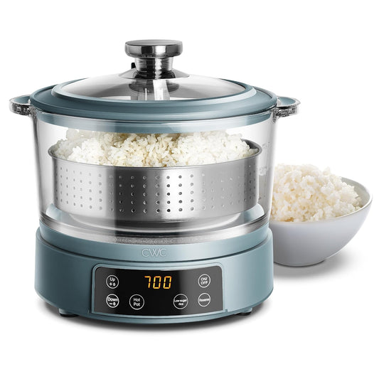 COOK WITH COLOR 3L Glass Low Carb Rice Cooker - Makes 6 Cups Cooked Low Sugar Rice with Auto Lift Filter Basket, Hotpot & Steamer for Rice, Grains and Oats, Digital Panel with Keep Warm, Slate Blue