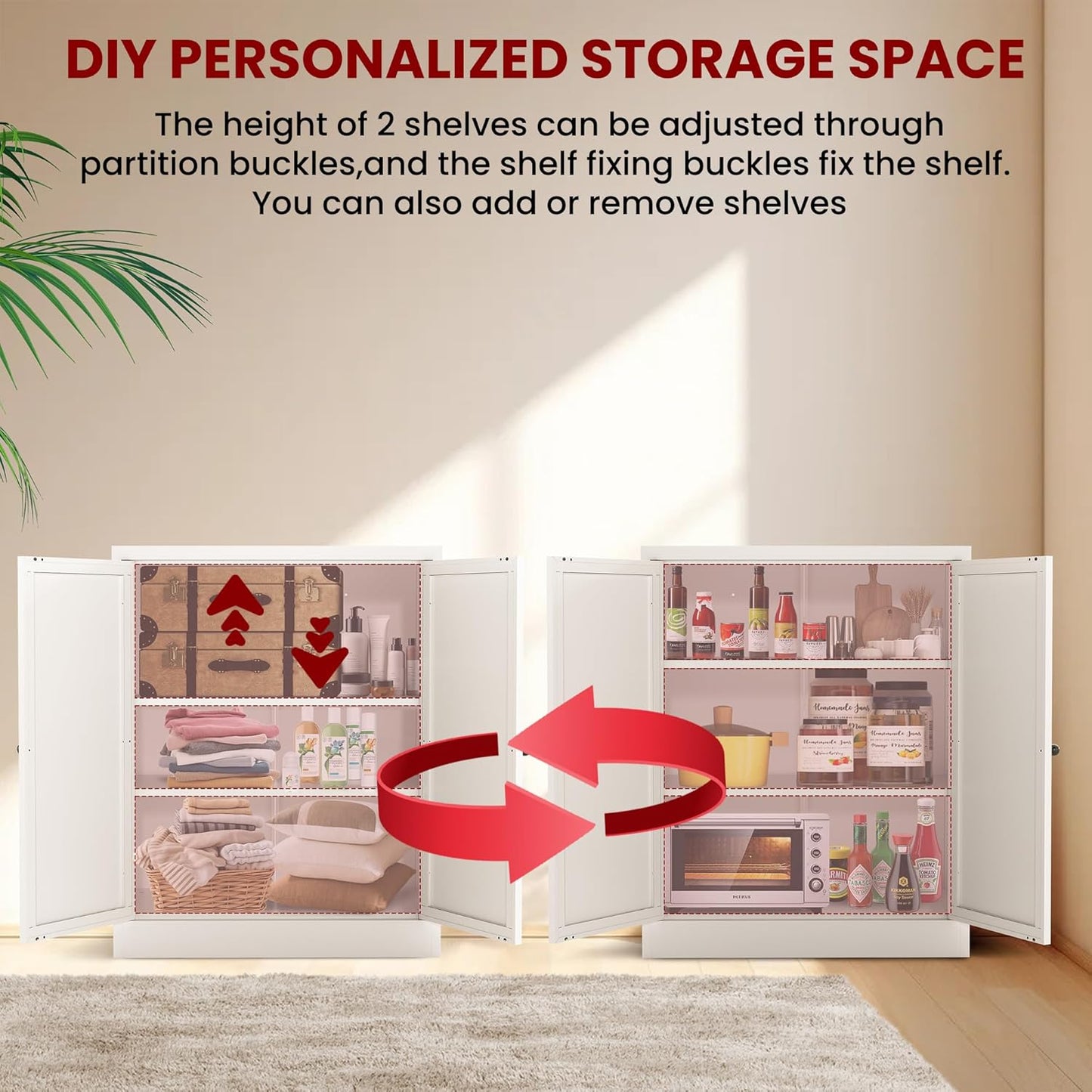 AQY Kitchen Pantry Cabinet,34.6" White Pantry Storage Cabinet with 2 Tier Adjustable Shelves and 2 Doors,Freestanding Cupboard,Metal Pantry Cabinets for Living Room Kitchen Assembly Required