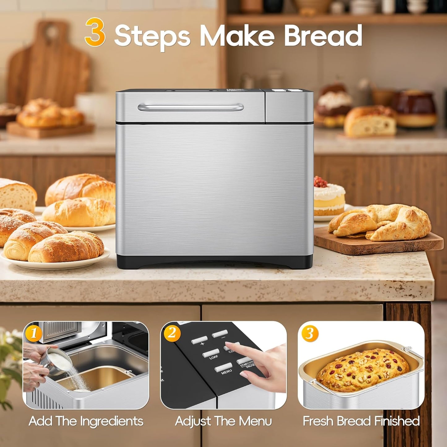Manastin 2LB & 1.5LB Bread Maker Machine, 19-in-1 Automatic with 3 Crust Colors, 3-Step Beginner-Friendly Operation, Keep Warm, Programmable Delay Timer for Homemade Bread, Silver