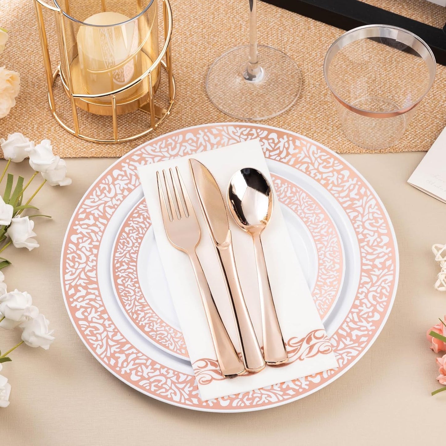 350PCS Rose Gold Plastic Dinnerware Set for 50 Guests, Disposable Plates for Party, Wedding, Include 50 Rose Gold Dinner Plates, 50 Dessert Plates, 50 Set Silverware, 50 Cups, 50 Napkins