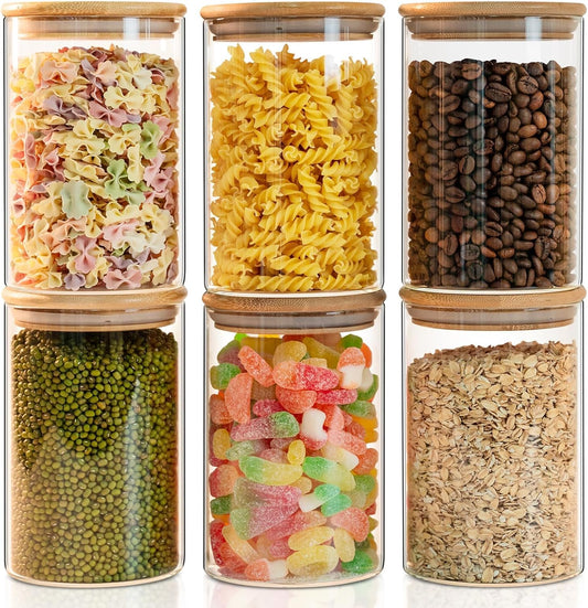 YUNCANG Glass Food Storage Jars 50oz [Set of 6],Clear Glass Food Storage Containers with Airtight Bamboo Lid Stackable Kitchen Canisters for Candy,Cookie,Rice,Sugar,Flour,Pasta