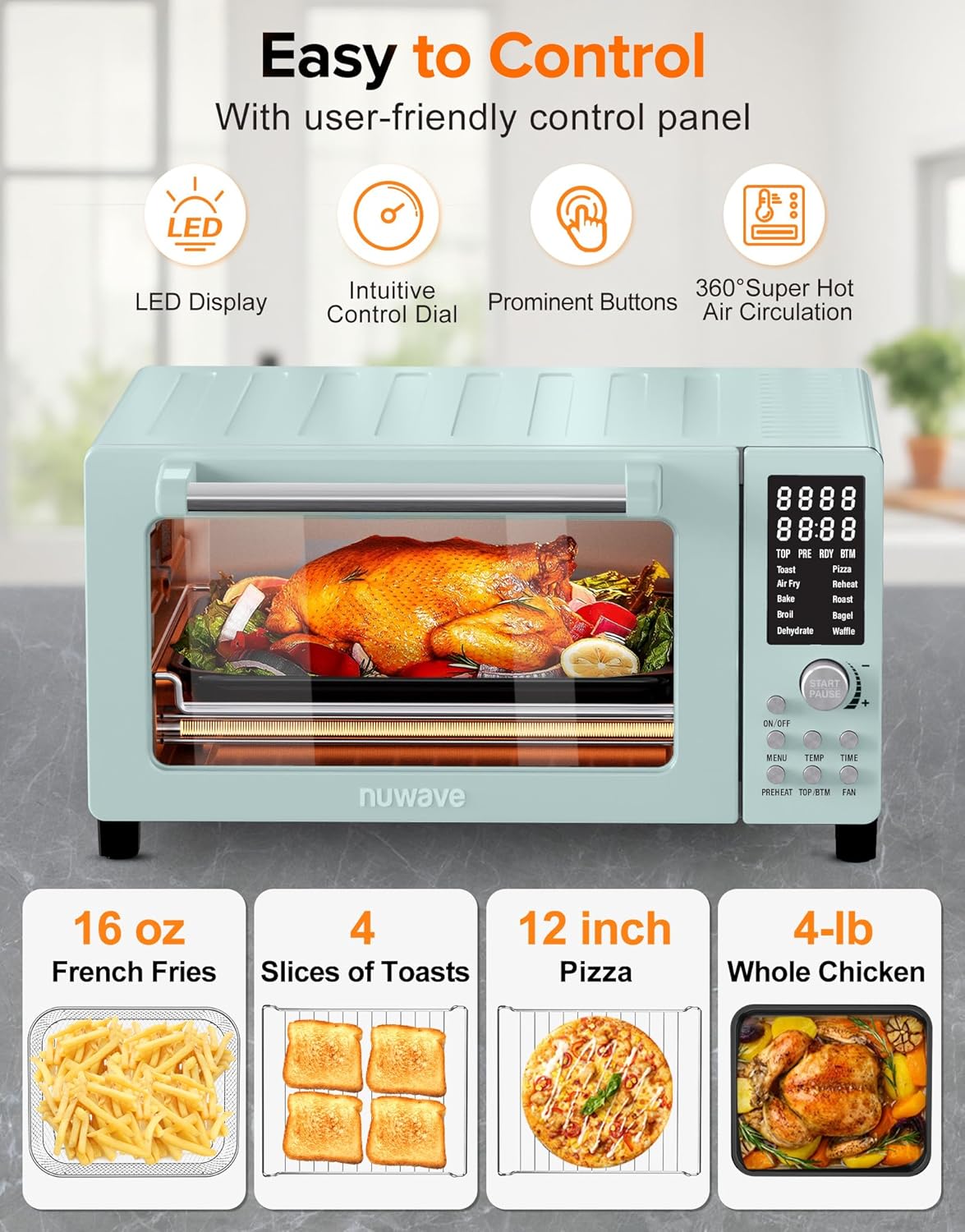 Nuwave Bravo Pro Smart Air Fryer Toaster Oven Combo, Airfryer Convection Oven Countertop, 12-in-1 Functions with Quicker & Even Crisp Technology, 1800W, 50-450°F, PFAS-Free, 21QT, Mint