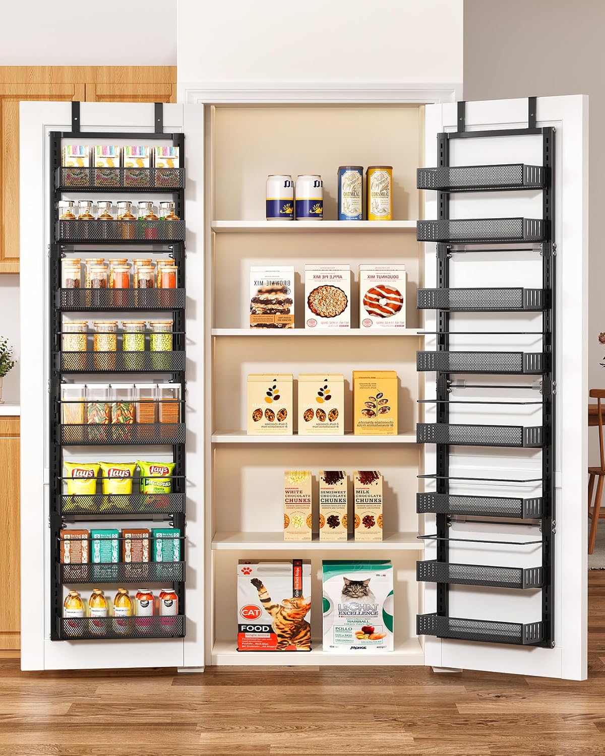 SNTD Over the Door Pantry Organizer - 8 Tier Adjustable Pantry Door Spice Organizer, Large Capacity Hanging Door Spice Rack for Kitchen Pantry Organizers and Storage (Black, 12.3" W x 4.7" D x 69" H)