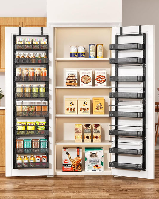 SNTD Over the Door Pantry Organizer - 8 Tier Adjustable Pantry Door Spice Organizer, Large Capacity Hanging Door Spice Rack for Kitchen Pantry Organizers and Storage (Black, 12.3" W x 4.7" D x 69" H)