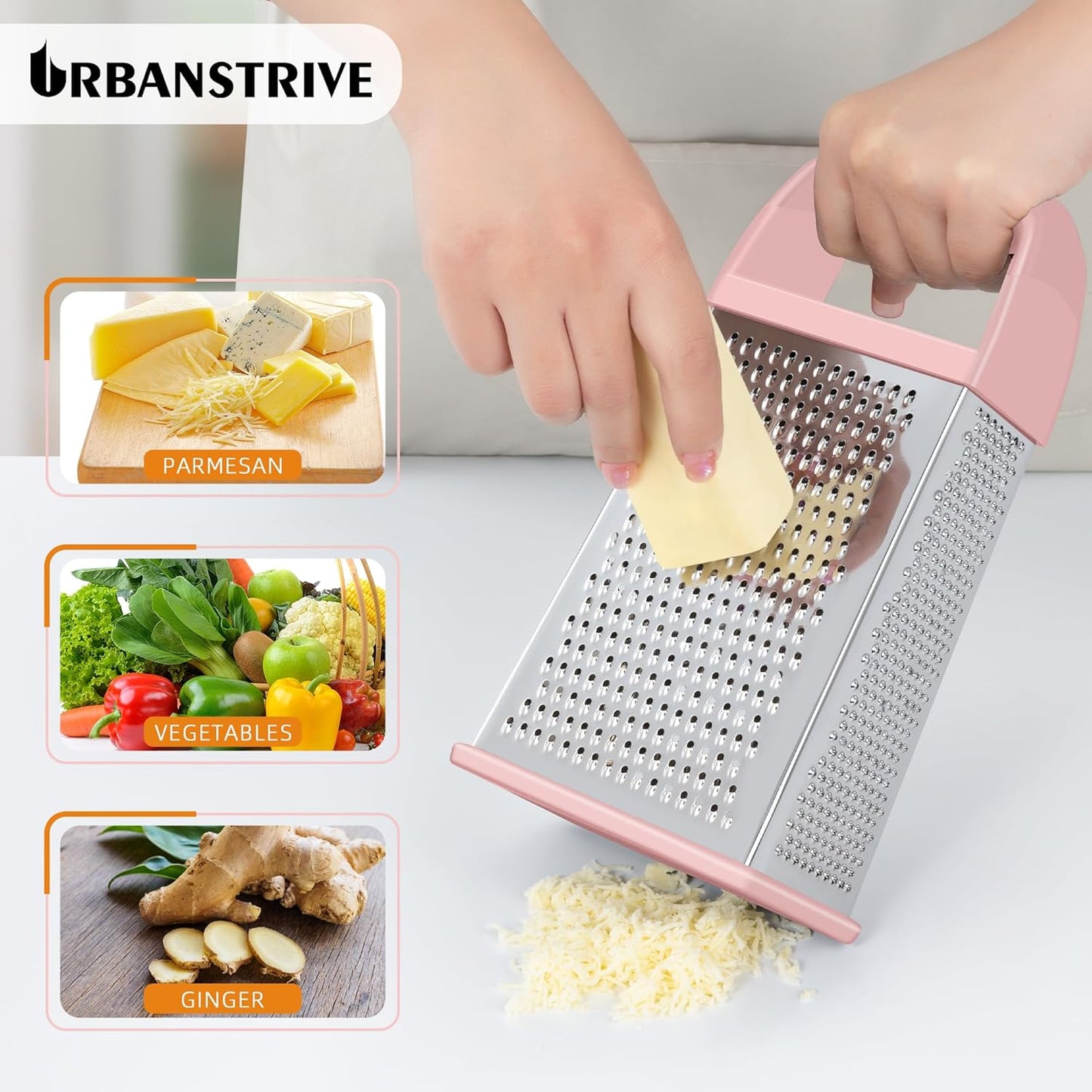 Urbanstrive Cheese Grater With Container, Professional Cheese Grater with Handle, Stainless Steel Graters for Kitchen Handheld, Box Grater with 4 Sides for Vegetables, Ginger, Potatoes (Pink)