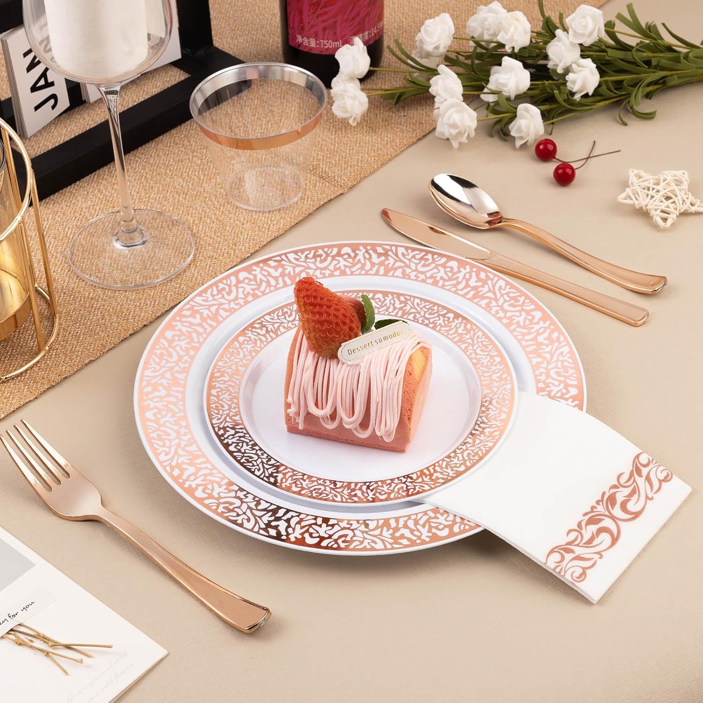700PCS Rose Gold Plastic Dinnerware Set for 100 Guests, Disposable Plates for Party, Wedding, Include 100 Rose Dinner Plates, 100 Dessert Plates, 100 Set Silverware, 100 Cups, 100 Napkins