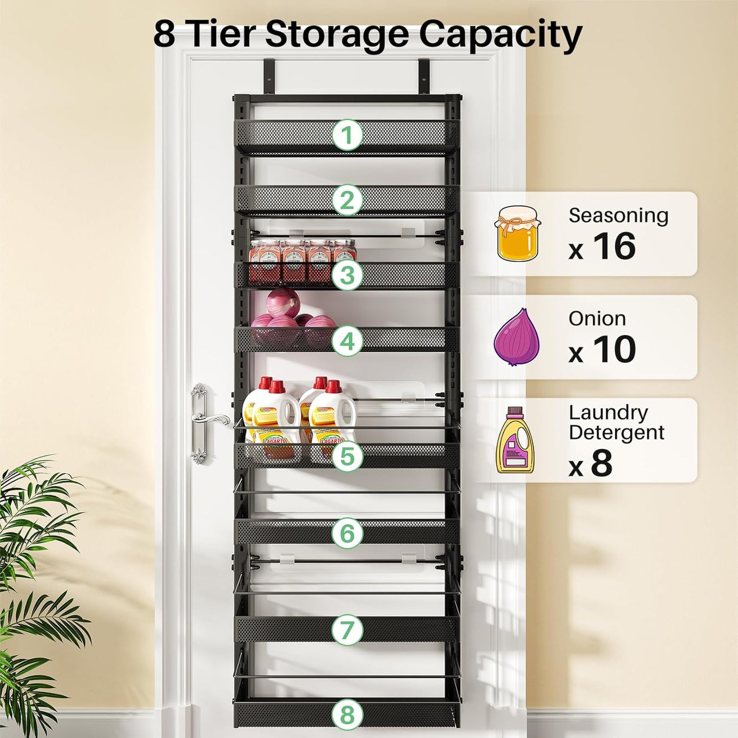 SNTD Over the Door Pantry Organizer - 8 Tier Adjustable Pantry Door Spice Organizer, Large Capacity Hanging Door Spice Rack for Kitchen Pantry Organizers and Storage (Black, 17" W x 6" D x 69" H)