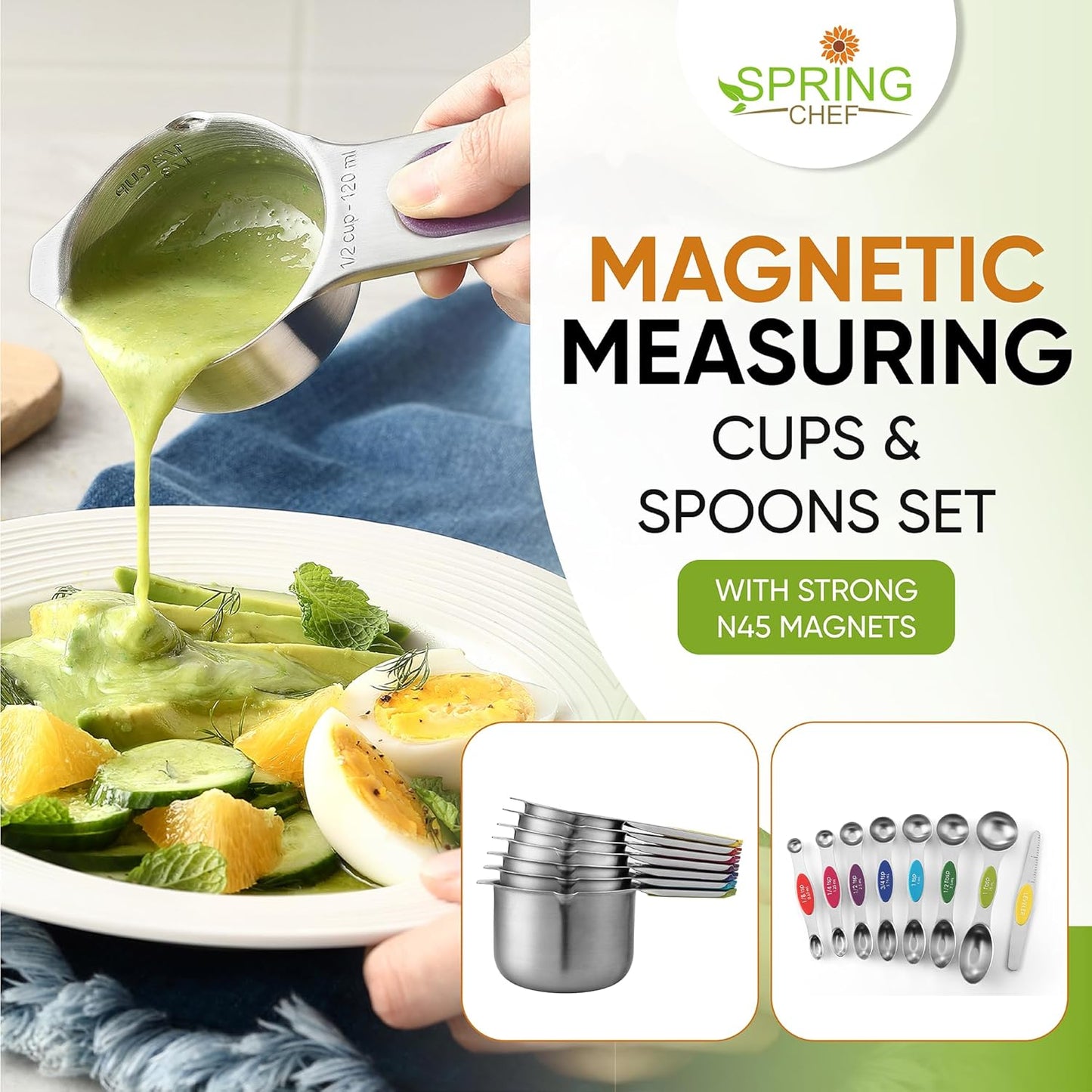 Spring Chef Magnetic Measuring Cups & Spoons Set, Patented, Strong N45 Magnets, Heavy Duty Stainless Steel Fits in Spice Jars for Baking & Cooking, BPA Free, Set of 15 with Leveler, Multicolor