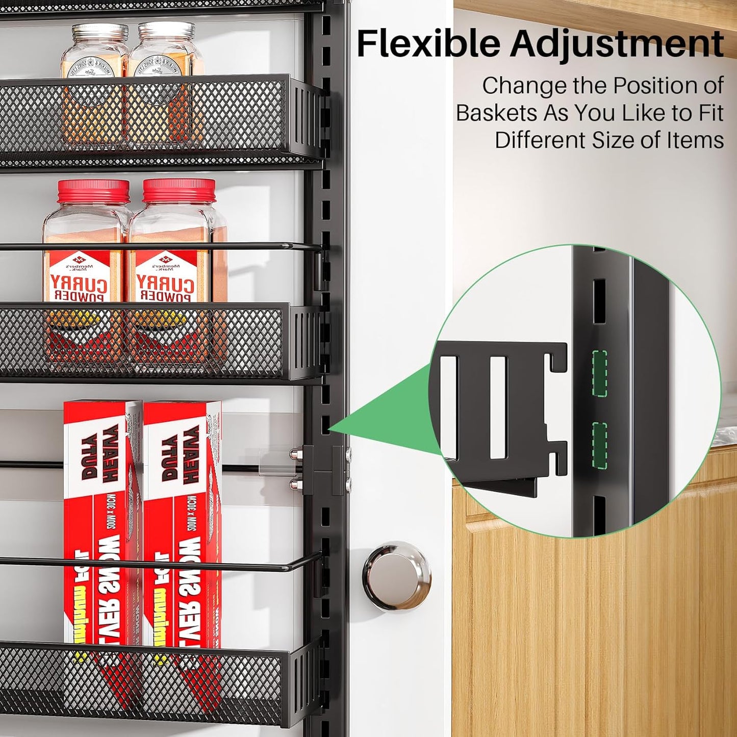 SNTD Over the Door Pantry Organizer - 8 Tier Adjustable Pantry Door Spice Organizer, Large Capacity Hanging Door Spice Rack for Kitchen Pantry Organizers and Storage (Black, 12.3" W x 4.7" D x 69" H)