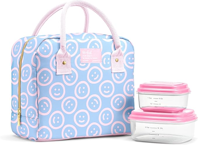 Fit & Fresh Bloomington Lunch Bag for Women - Insulated Large Lunch Box for Work with Containers, Leak-Resistant, Stain-Resistant, Zipper Closure, All Smiles Bubble Gum