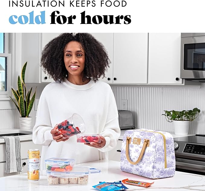 Fit & Fresh Bloomington Lunch Bag for Women - Insulated Large Lunch Box for Work with Containers, Leak-Resistant, Stain-Resistant, Zipper Closure, Lavender Toile