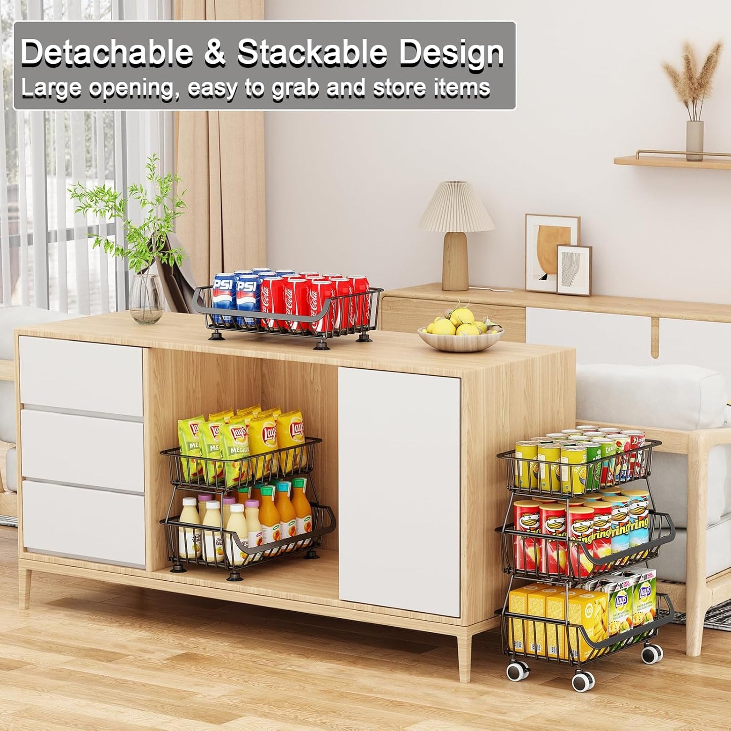 3-Tier Rolling Pantry Floor Organizer, Stackable Pantry Storage Cart with Wheels, Metal Wire Snack Organizers, Kitchen Fruit Basket Stand, Vegetable Storage Rack for Onion Potato Snacks, Black, 2 Pack