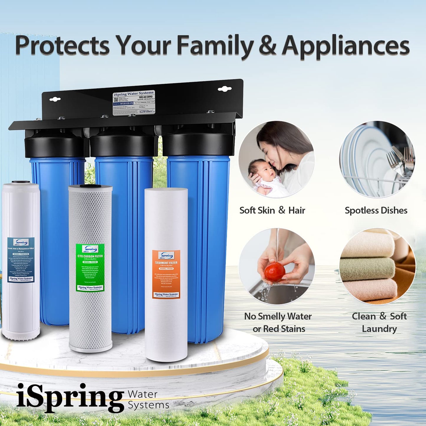 iSpring Lead-Reducing Whole House Water Filter System, Also Reduces Chlorine, Taste, Odor, 3-Stage Whole House Water Filtration System, Model: WGB32B-PB, 1" NPT Inlet/Outlet