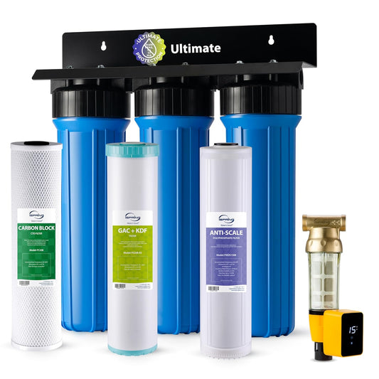 iSpring Whole House Water Filter System w/Auto-Flushing Spin Down Sediment Filter, Water Descaler, GAC+KDF, and Carbon Block Filter, WGB32B-KDS+WSP50ARB