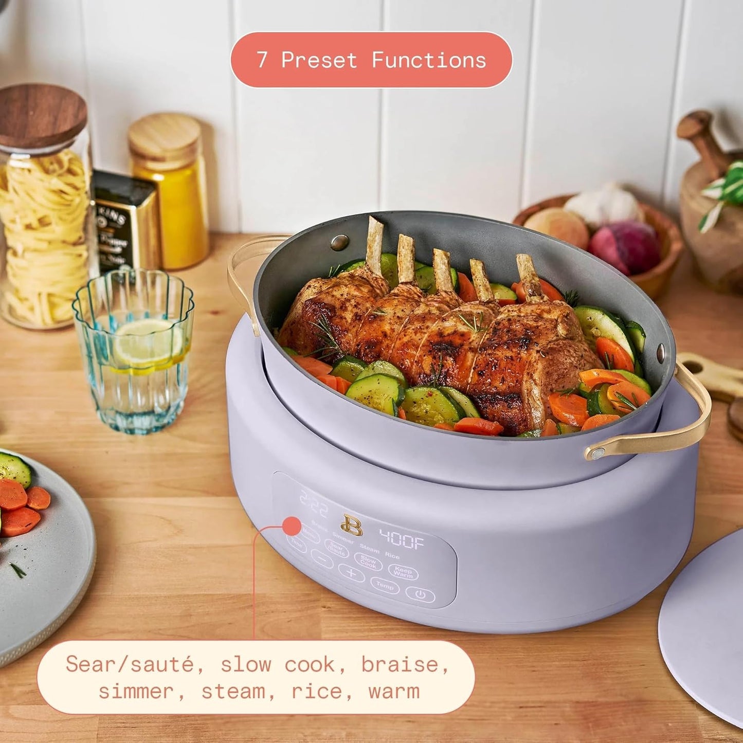 Beautiful 10-in-1 Electric Multi-Cooker by Drew Barrymore, 6-quart, digital display, 10 cooking functions, non-stick pot, easy one-touch control (Lavender)