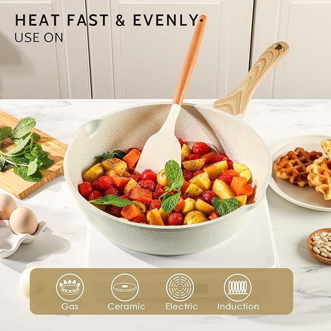 SENSARTE Nonstick Ceramic Saute Pan 12-Inch, 5QT Non-toxic Deep Frying Pan Skillet with Lid, Healthy No Teflon Cookware, Stay Cool Handle, Induction Compatible, PFAS Free