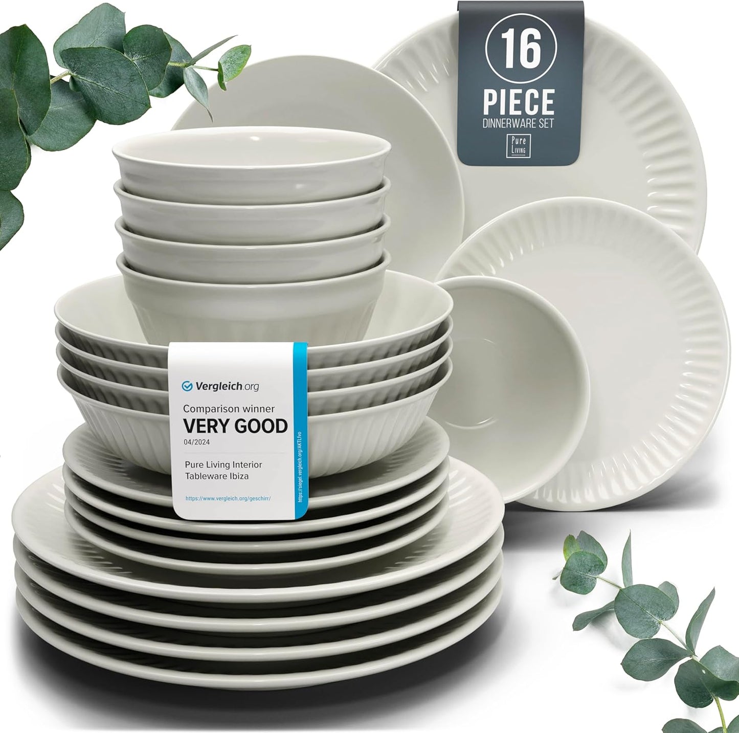 Stoneware Dinnerware Set for 4 People HYGGE 16-Piece - Elegant Scandi Design - Premium Dish Set - Bowl and Plate Set - Tableware for 4 People in a Ribbed Design - Pure Living in Beige