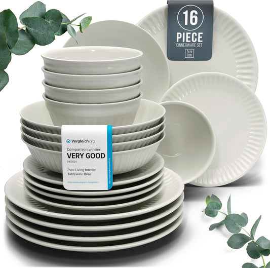 Stoneware Dinnerware Set for 4 People HYGGE 16-Piece - Elegant Scandi Design - Premium Dish Set - Bowl and Plate Set - Tableware for 4 People in a Ribbed Design - Pure Living in Beige