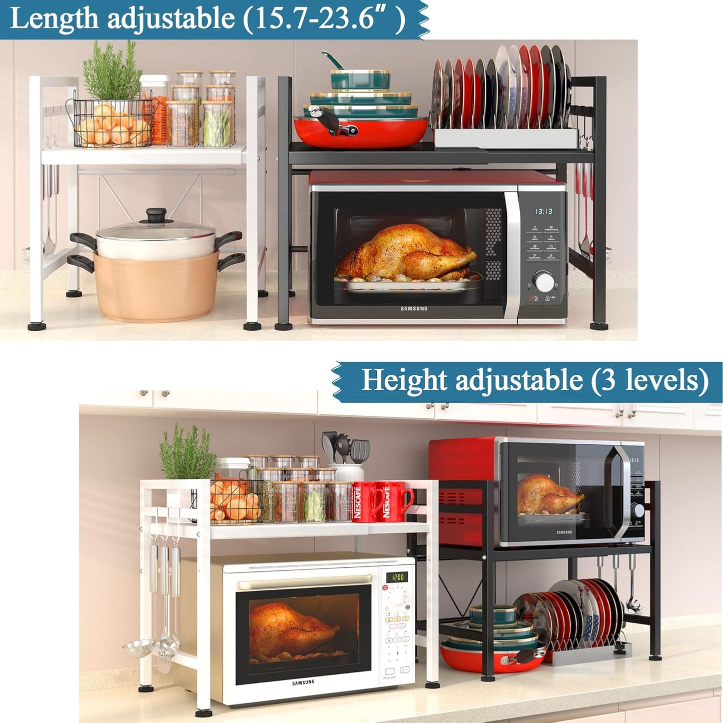 PUSDON Extendable Microwave Oven Rack, Adjustable Microwave/Toaster Shelf Heavy Duty Stand Kitchen Counter Top Organizer(L15.7~23.6" xW12.6 xH18.9), 2-Tier with 3 Hooks, 160lbs Weight Capacity, White