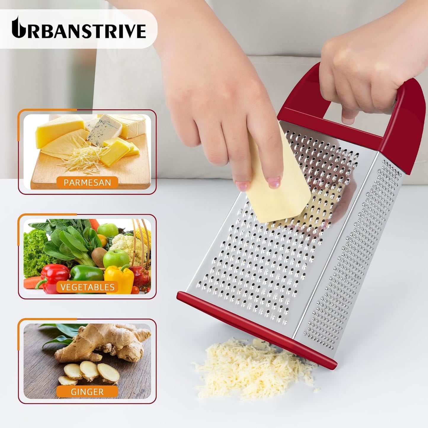 Urbanstrive Cheese Grater With Container, Professional Cheese Grater with Handle, Stainless Steel Graters for Kitchen Handheld, Box Grater with 4 Sides for Vegetables, Ginger, Potatoes (Red)