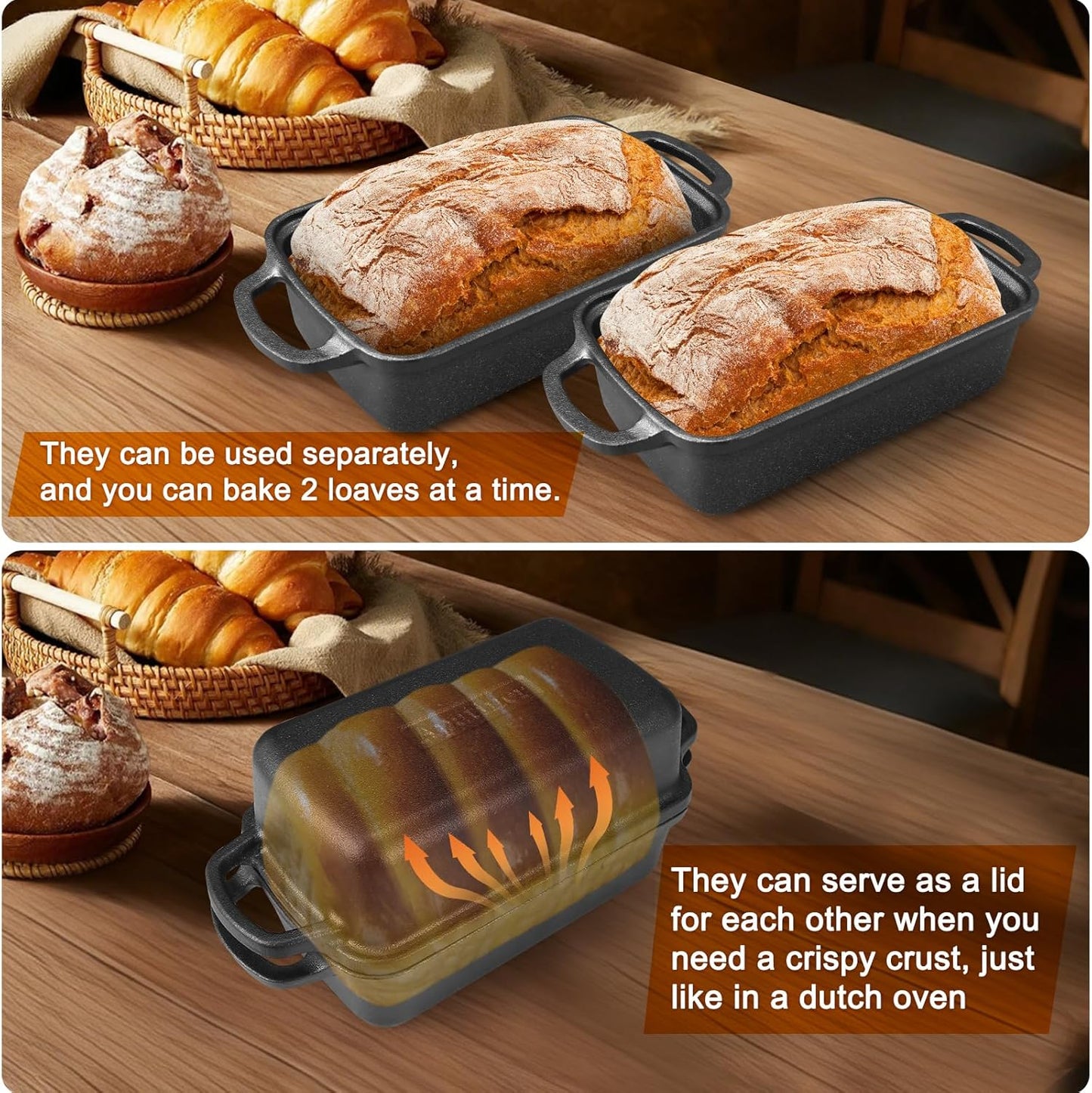 2 in 1 Cast Iron Bread Pan with Lid 9×5 Inch - Loaf Bakeware for Sourdough & Sandwich Bread - Pre-Seasoned Dutch Oven Style - Heavy Duty with Even Heating