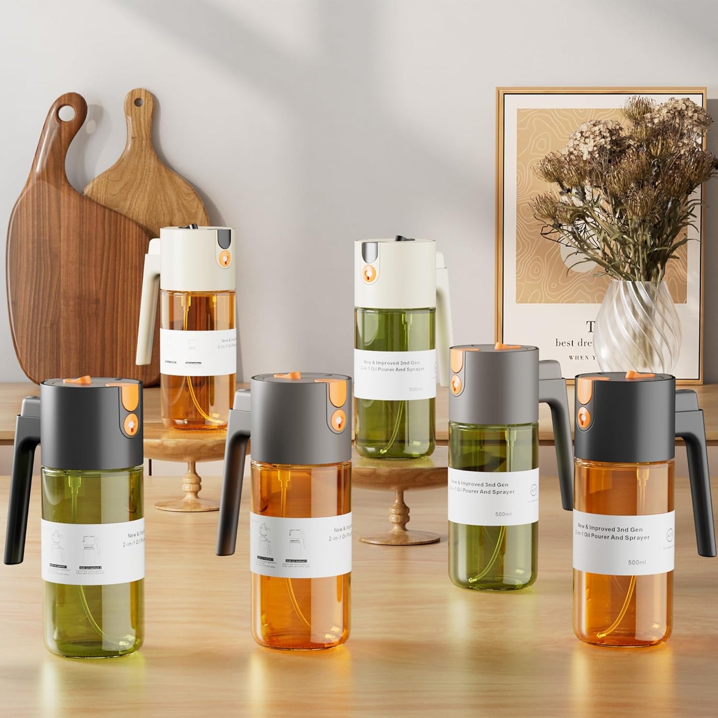 17oz/500ml Oil Sprayer for Cooking with Stickers, 2 in 1 Glass Olive Oil Mister for Kitchen, Light-Proof Spray Bottle Portion Control, Large Olive Oil Dispenser Bottle for Salad, Air Fryer, BBQ