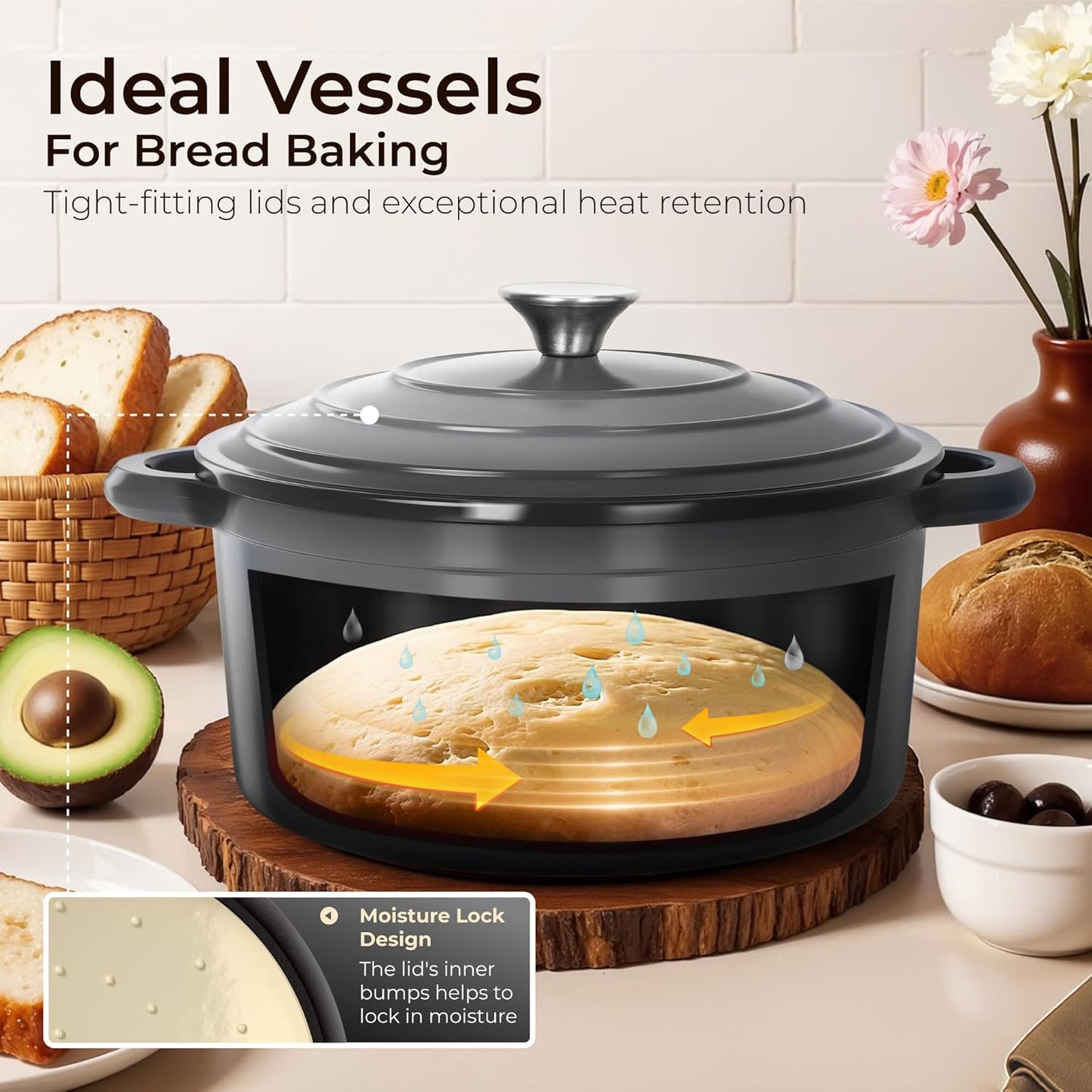 Kitchen Academy 7Pcs Enameled Cast Iron Cookware Sets - Non Toxic Pots and Pans Set Non Stick, Grey Induction Nonstick Cookware Set, PFOA&PFAS Free