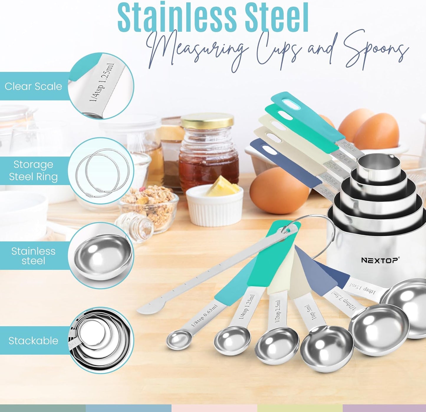 Nextop 14-Piece Stainless Steel Measuring Cups and Measuring Spoons Set with All Stackable Sizes and Leveler for Dry Ingredients, Complete Set for Kitchen & Baking Measuring Tools (Aqua Sky Blue Set)
