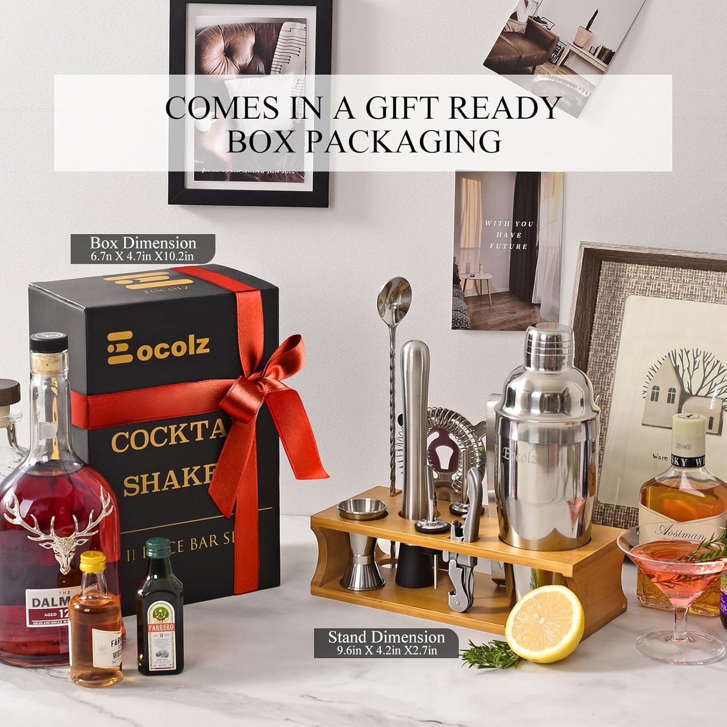 Bartender Kit Cocktail Shaker Set with Stand Bar Tool Bar Set for Drink Mixing Home Bartending Kit 11-Piece Bar Cart Accessories: Martini Shaker, Mixer Spoon, Jigger, Muddler, Strainer & Recipes Gifts