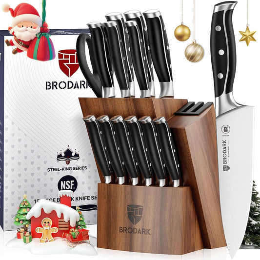 BRODARK Kitchen Knife Set: Full Tang 15 Pcs Professional Chef Knife Set with Sharpener, Razor-sharp Knives Set for Kitchen, German Stainless Steel Knife Block Set, Steel-king Series for Christmas Gift