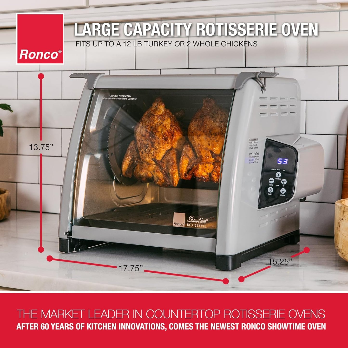 Ronco 6000 Platinum Series Rotisserie Oven, Digital Display, 12-Pound Capacity, Auto Shutoff, Includes Rotisserie Spit, Multi-Purpose Basket, 3 Cooking Functions: Rotisserie, Sear and No Heat Rotation