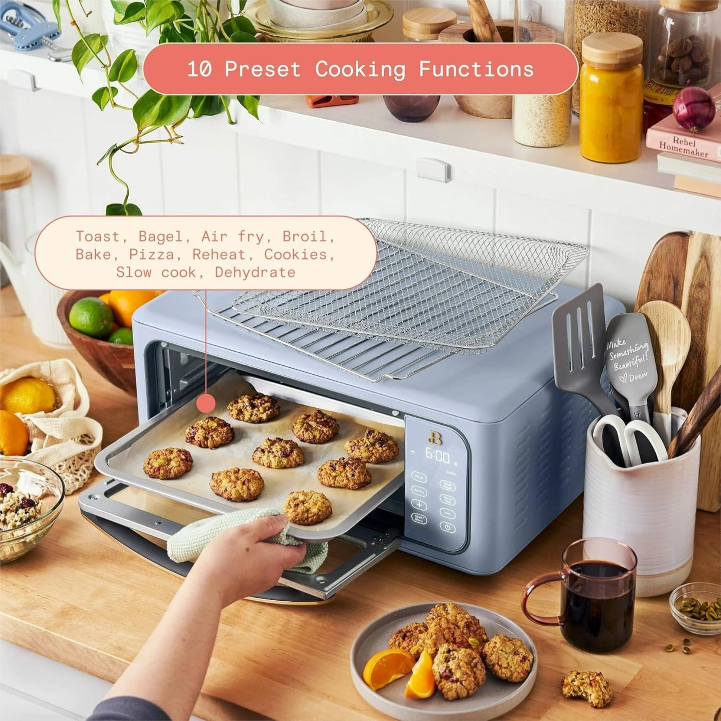 Beautiful Infrared Air Fryer Toaster Oven Combo - 10-in-1 Countertop Convection Oven with Air Fry, Bake, Pizza, Toast & Dehydrate Functions - 1800W Stainless Steel Kitchen Appliance (Cornflower Blue)